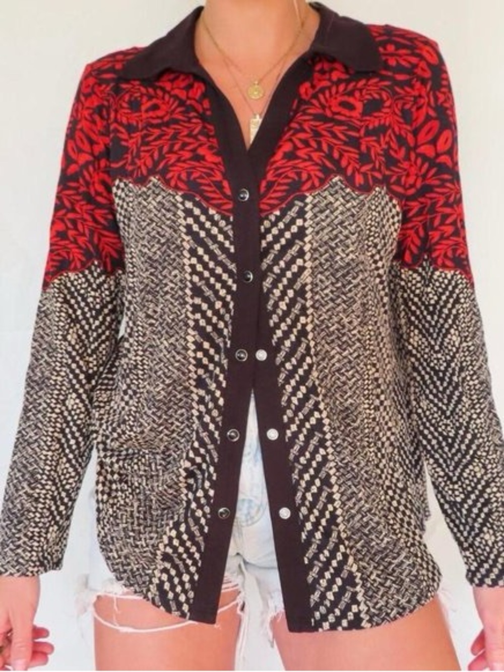 Soft Surroundings Calistoga Mixed Print Long Sleeve Snap Front Top Size SP